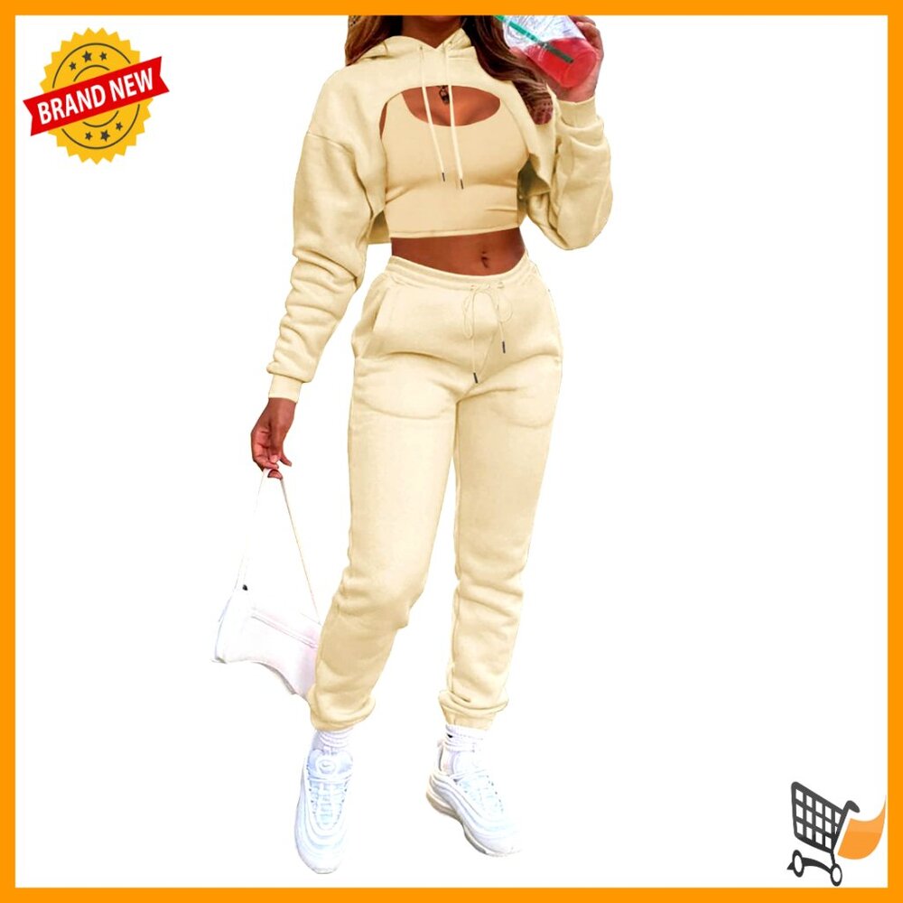 Sexy 3 Piece Tracksuit Slim Fit Y2k Chic Crop Top Hoodie Jogger Pants
